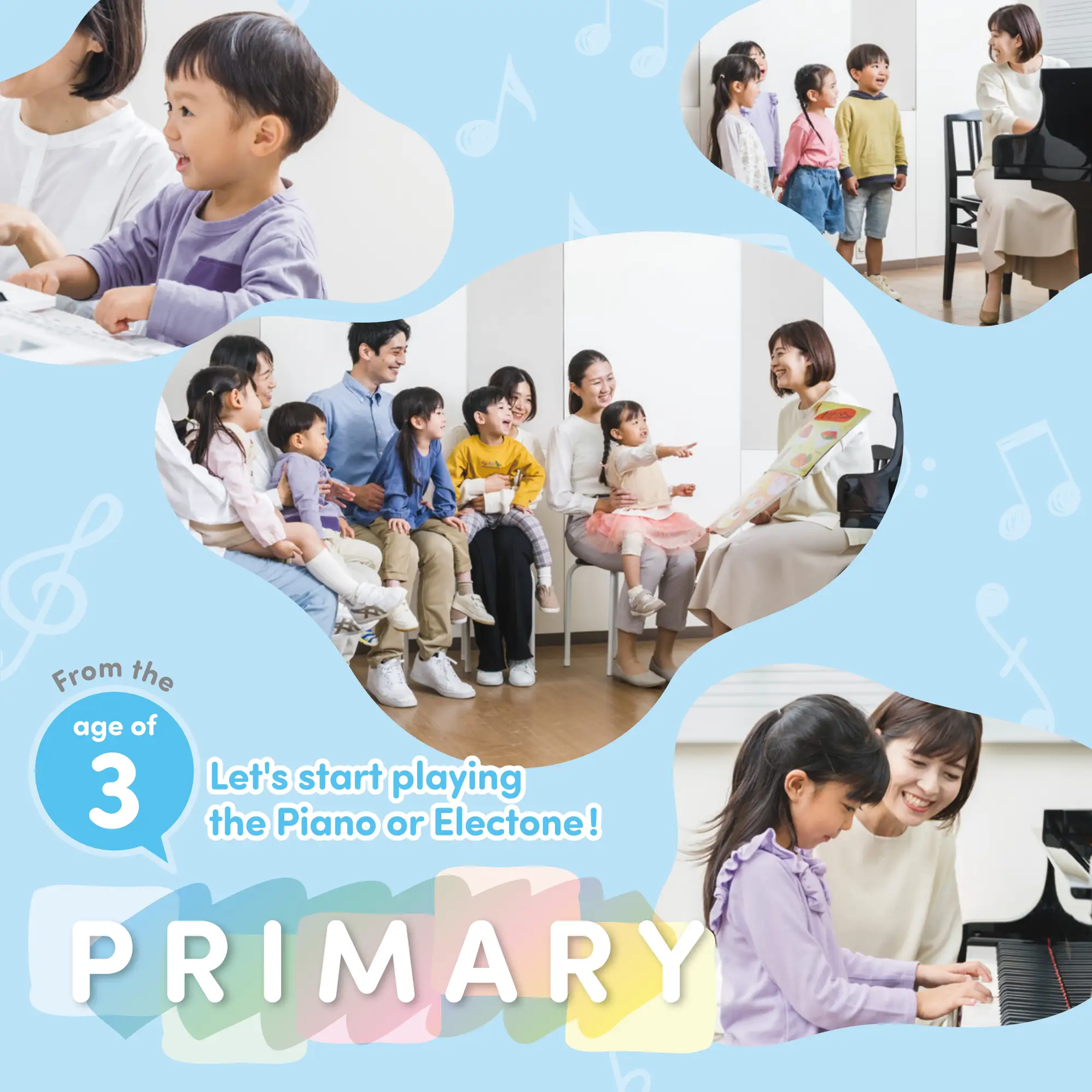 Promotional graphic for Yamaha Primary Course Explorer showing young children starting music lessons from age 3 with group learning and piano instruction
